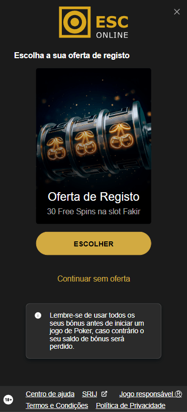 Oferta de registo no ESC Online