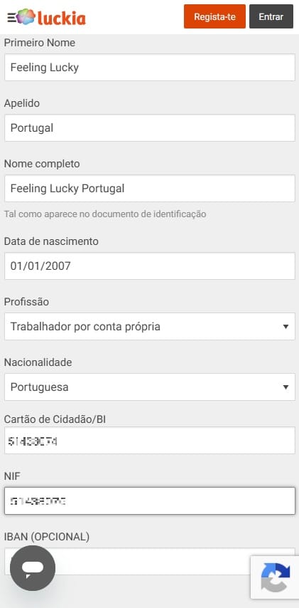 Luckia registo dos dados pessoais