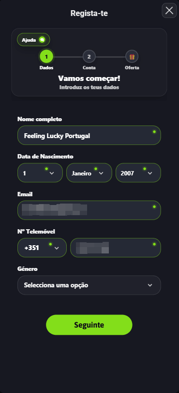 Processo de registo PT Casino