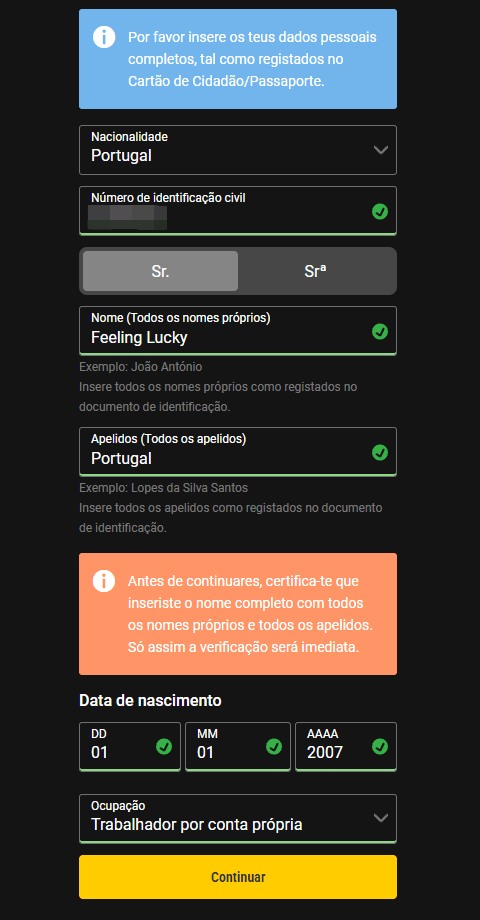Inserir dados no processo de registo na bwin