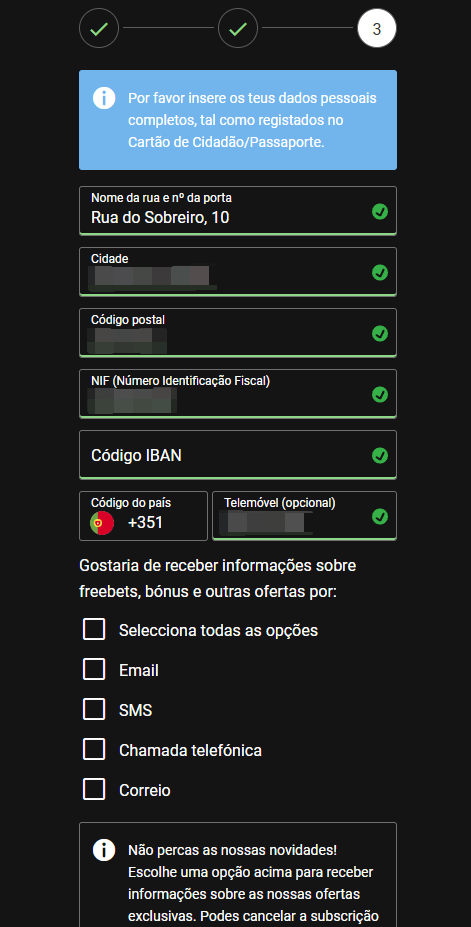 Inserir dados no processo de registo na bwin