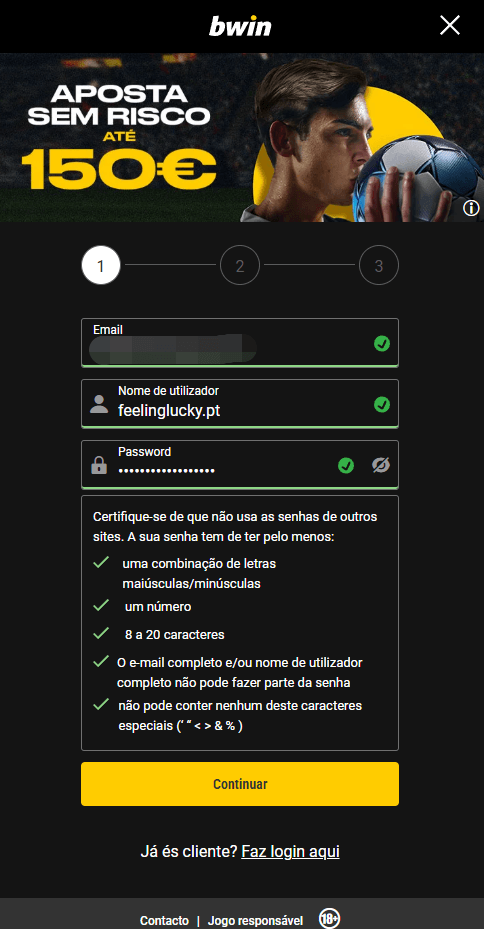 Primeiro passo do processo de registo na bwin